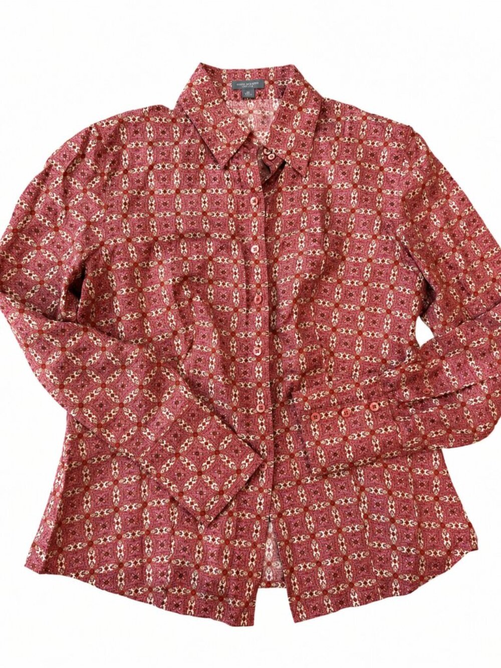 Ann Taylor Silk Pink Geometric Print  Long Sleeve Blouse Size Med. Petite